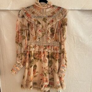 Zimmermann Romper - Lace Panel Long Sleeve Playsuit Autumn Rose 100% Silk